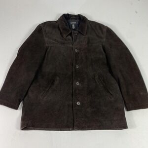 J.Crew Coat Mens Large Brown Suede Leather Overcoat Wool Lined Button Front